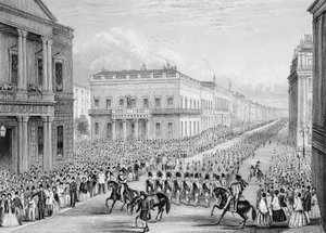 O cortejo fúnebre de Wellington passando pelo Senior United Service Club, Pall Mall Mall, Londres, 1852 de Thomas Hosmer Shepherd