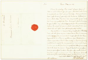 Carta de autógrafos assinada como embaixadora dos Estados Unidos na França, para Giovanni Fabbroni, Paris, 24 de maio de 1789