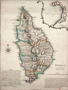 Mapa a cores da Domínica com observações geográficas pormenorizadas, c.1760 (gravura a cores)