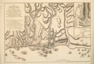 PLANO DO ATAQUE contra BASSETERRE na ILHA DE GUADALOUPE por uma esquadra de navios de guerra de Sua Majestade comandada pelo Comodoro MOORE em 22 de janeiro de 1759. também os INCENTIVOS do EXÉRCITO BRITÂNICO comandado pelo General HOPSON, e o INTRENCHME F de Thomas Jefferys