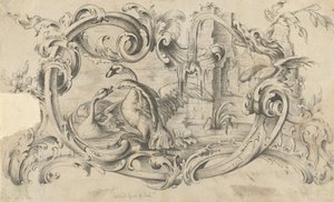 Projeto para um Tablet para uma Chaminé com Dois Cisnes em Combate, Fechado em um Pergaminho..., 1762.