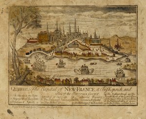 Quebec, capital da Nova França, bispado e sede da corte de Soverain, 1759 (gravura colorida à mão) de Thomas Johnston