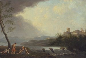 Uma Paisagem Italiana Imaginária com figuras clássicas e uma Cascata de Thomas Jones