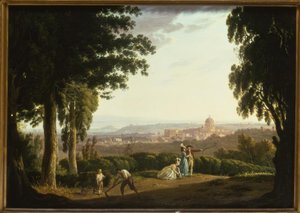 “Figuras elegantes na encosta de uma colina com uma vista distante de Roma”
