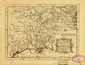 Louisiana, como anteriormente reivindicada pela França, contendo agora parte da América Britânica a leste e da América Espanhola a oeste do Mississipi. LOC 77690498