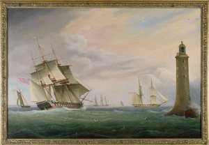 Uma fragata e uma brigada naval passando pelo farol de Eddystone