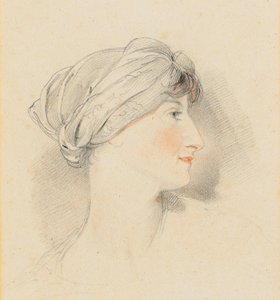 Retrato da cabeça da Sra. Jens Wolff, de perfil à direita, usando turbante (lápis, giz preto e vermelho) de Thomas Lawrence