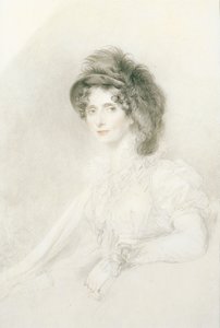 Retrato de Elizabeth, duquesa de Devonshire (1758-1824), sentada, com metade do corpo, usando um grande chapéu de penas (lápis, giz preto e vermelho no papel) de Thomas Lawrence
