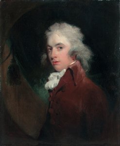Retrato do Exmo. Peniston Lamb, meio comprimento, em um casaco de veludo com uma gravata branca, oval fingida de Thomas Lawrence