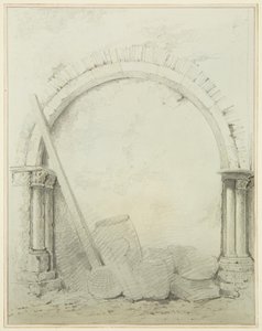 Arcos e colunas nas instalações da Mereweather entre a Rua Nicholas e a Rua Corn (lápis e aguarela sobre papel) de Thomas Leeson the Elder Rowbotham