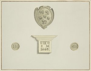 Braços dos cervejeiros e outros detalhes, na chaminé da 13 Temple Street (lápis e aquarela sobre papel) de Thomas Leeson the Elder Rowbotham