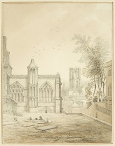 Fim leste de St Mary Redcliffe, mostrando a Igreja do Templo (lápis e aquarela sobre papel) de Thomas Leeson the Elder Rowbotham