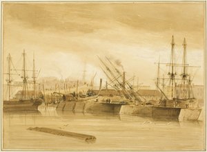 Doca de Wapping Oriental, mostrando o barquinho "Avon" nas ações de Thomas Leeson the Elder Rowbotham