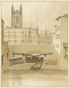 Ponte de Pedra mostrando as comportas de inundação (lápis e aquarela sobre papel) de Thomas Leeson the Elder Rowbotham