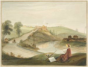 Totterdown e Pile Hill da Bath Road, mostrando o Brislington Turnpike (com um desenho da Miss Braikenridge? Sketching) de Thomas Leeson the Elder Rowbotham