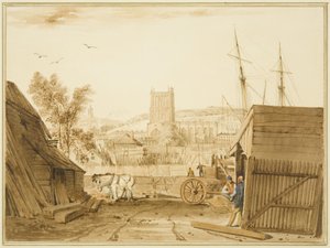 Vista do pátio de madeira da Acraman, Wapping, com vista para a Catedral de Thomas Leeson the Elder Rowbotham