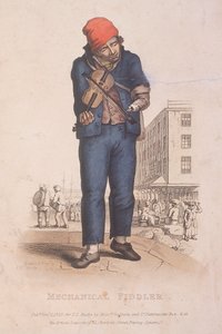 Violinista com braço protético, com mercado ao fundo, 1820