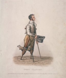 Owen Clancy, implorando com o chapéu na mão, de muletas e com dispositivos amarrados às pernas, 1820