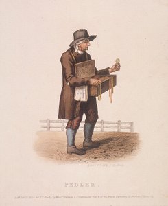 Pedlar com sua caixa de mercadorias pendurada no pescoço, 1820