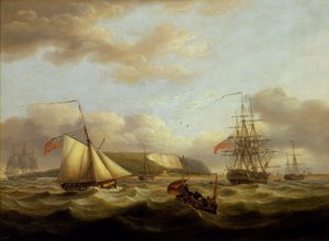 Um cúter a passar à popa de uma fragata, início do século XIX (óleo sobre tela) de Thomas Luny
