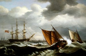 Embarcação costeira holandesa com uma fragata inglesa ancorada numa ravina ao largo de Harwich de Thomas Luny