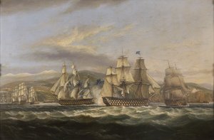 .MS Caledonia e HMS Boyne perseguindo a frota francesa em Toulon de Thomas Luny