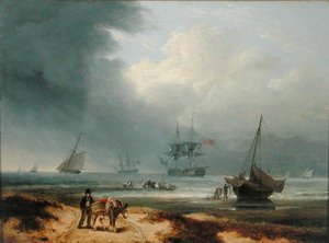 Navegação em Windswept Bay com homens trabalhando na costa de Thomas Luny