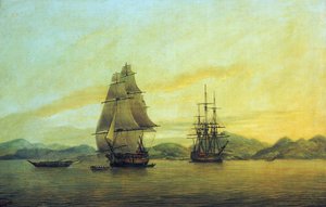 O navio comercial "Hindustan" da Companhia das Índias Orientais e outros barcos, incluindo juncos, ancorados ao largo da costa chinesa de Thomas Luny