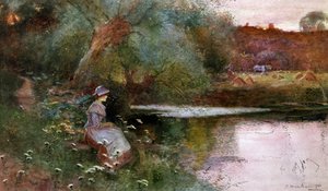 Em Hampton Lucy, Warwickshire. Uma jovem rapariga sentada junto a um lago no campo. Pintura de Thomas Mackay (1851-1920) Coleção particular