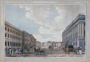 Vista de uma rua Millionnaya e do palácio de mármore através do campo de Marte, 1790 de Thomas Malton the Elder