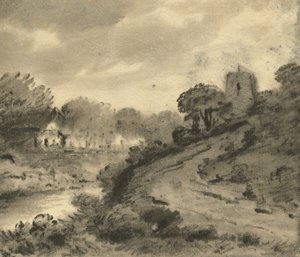 Uma paisagem de rio arborizado com uma rocha em primeiro plano esquerdo, c.1800