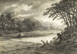 Cena de um lago (carvão e aguada sobre papel)
