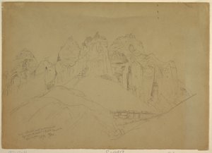 Desenho, Rio Virgin com grandes formações rochosas, 1873 de Thomas Moran