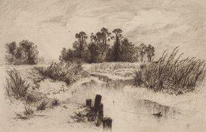 Paisagem pantanosa com ribeiro de Thomas Moran