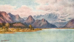 Rio Pitt e montanhas Golden Ear (litografia a cores) de Thomas Mower Martin
