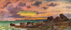 Pôr do sol tempestuoso, costa perto de St John, New Brunswick (litografia a cores)