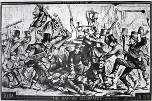 Cartoon retratando os tumultos em Nova York no dia de São Patrício de 1867, publicado em Harper&39;s Weekly, 6 de abril de 1867 (gravura em madeira)