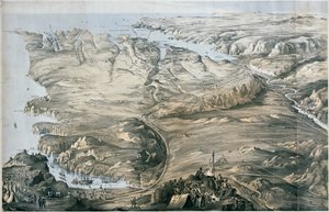 Vista panorâmica da entrincheiramento dos exércitos aliados de Inglaterra e França antes do Sebastopol (litografia, colorido)