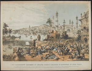 O massacre traiçoeiro de mulheres e crianças inglesas em Cawnpore por Nena Sahib durante o motim indiano de 1857, impresso em 12 de outubro de 1857 (litografia colorida)