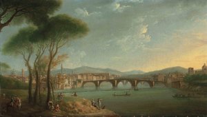 Vista para o Arno, Florença, a partir dos Jardins Cascine, com figuras pescando e descansando nas rochas em primeiro plano, a Ponte alla Carità e a Ponte Vecchio além