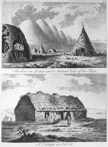 Os sheelins no Jura e uma visão distante dos Paps e A Cottage of Islay, de &39;A Tour in Scotland, e a viagem para as Hébridas&39; 1772 de Thomas Pennant