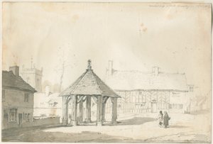 Abades Bromley Tudor - Market Cross and House: desenho a lápis e lavagem de Thomas Peploe Wood