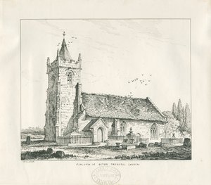 Igreja Acton Trussell: desenho a bico de pena, 1838 de Thomas Peploe Wood