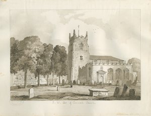 Igreja Cannock: desenho sépia de Thomas Peploe Wood