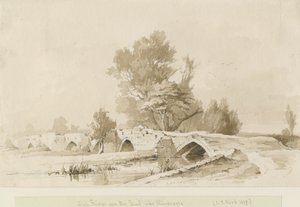 Handsacre - ponte alta velha: desenho em sépia, 1839 de Thomas Peploe Wood