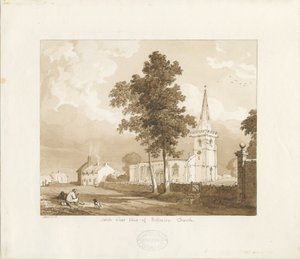 Igreja de Rolleston: desenho sépia vermelho, 1836 de Thomas Peploe Wood