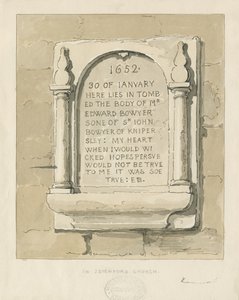 Igreja de Seighford - Tablete de pedra para Edward Bowyer: desenho em sépia, nd [ 1838] (desenho) de Thomas Peploe Wood