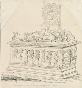 Igreja de Seighford - Tumba de William e Mercy Bowyer: desenho a caneta e tinta de Thomas Peploe Wood