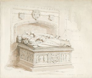 Igreja Stowe - Tumba de mesa [de Sir Walter Devereux]: desenho em sépia de Thomas Peploe Wood
