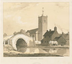 Igreja e ponte de Wednesfield: desenho em sépia, 1837 de Thomas Peploe Wood